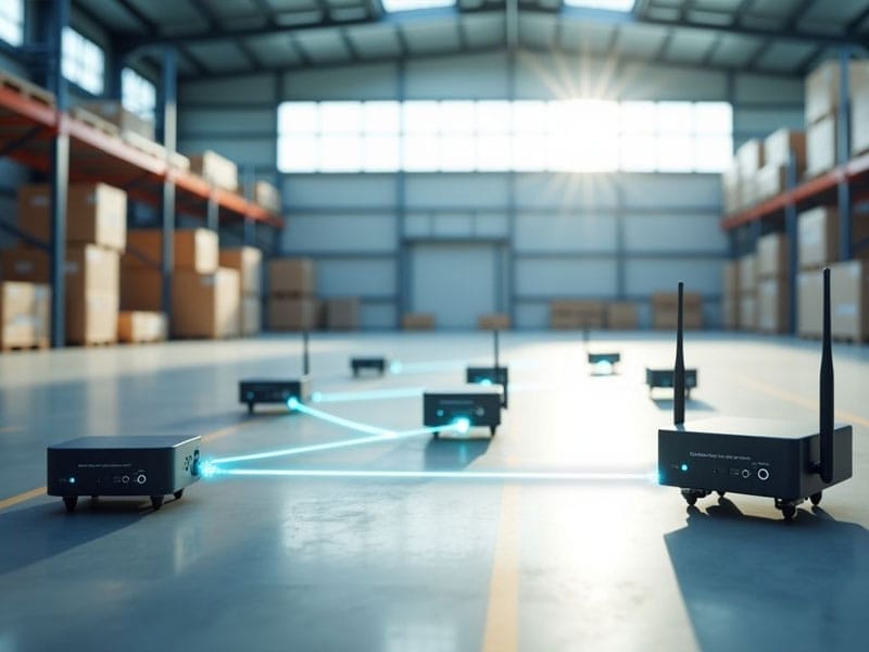 Several wireless routers connected by blue lines on a warehouse floor with boxes on shelves in the background.