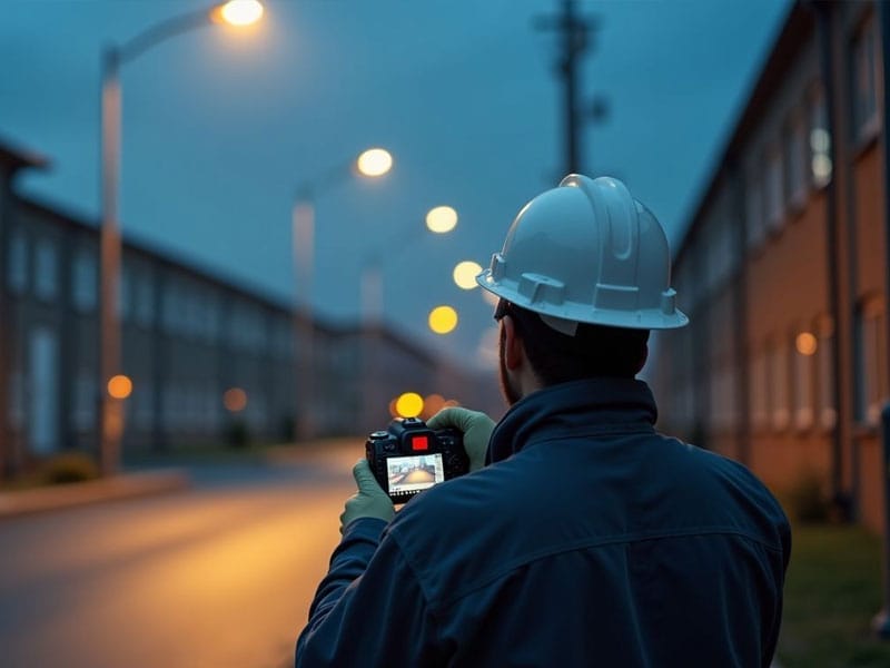 Person in a hard hat and gloves photographs a dimly lit street at dusk, focusing on the camera screen.