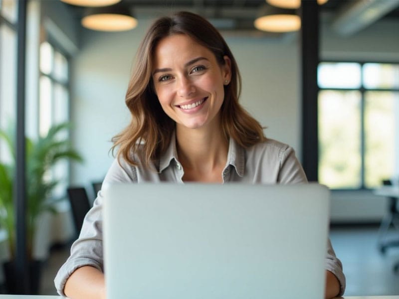 A person with shoulder-length hair smiles while sitting at a desk with a laptop in a bright, modern office setting.