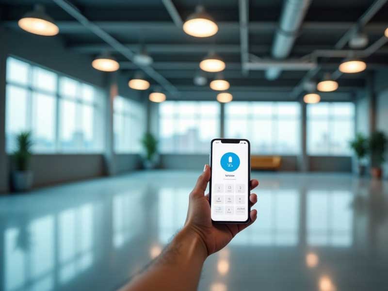Hand holding a smartphone in an empty, modern office space. The phone displays a security login screen.