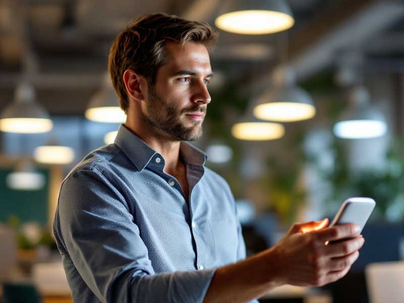 A man stands in an office, looking at a smartphone. Hanging lights and blurred background with plants.