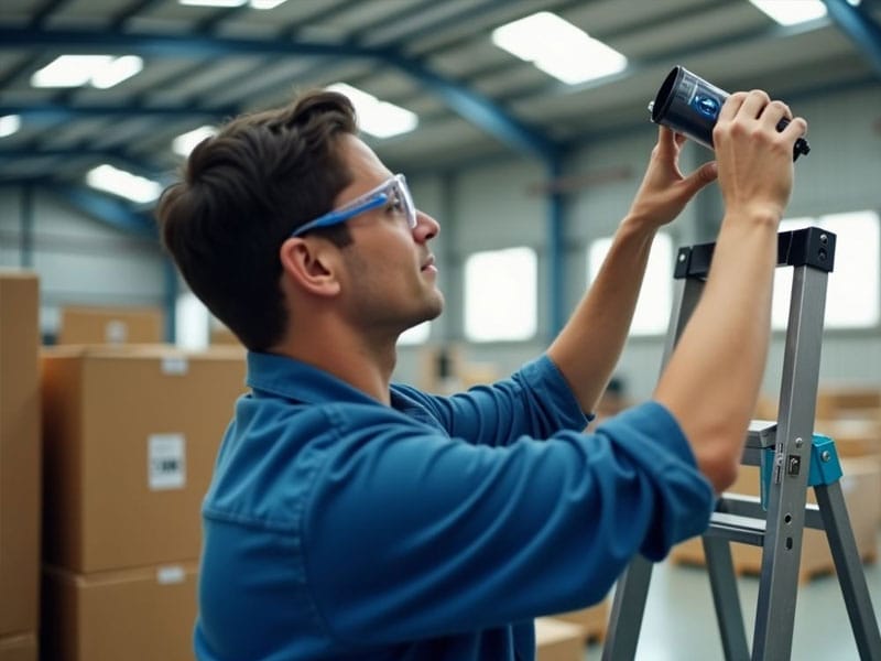 Person on a ladder installing a security camera in a warehouse with large boxes in the background.
