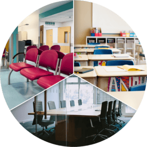 A four-section collage showing a waiting room with red chairs, a classroom with desks, a conference room with a long table, and an open book on a desk.