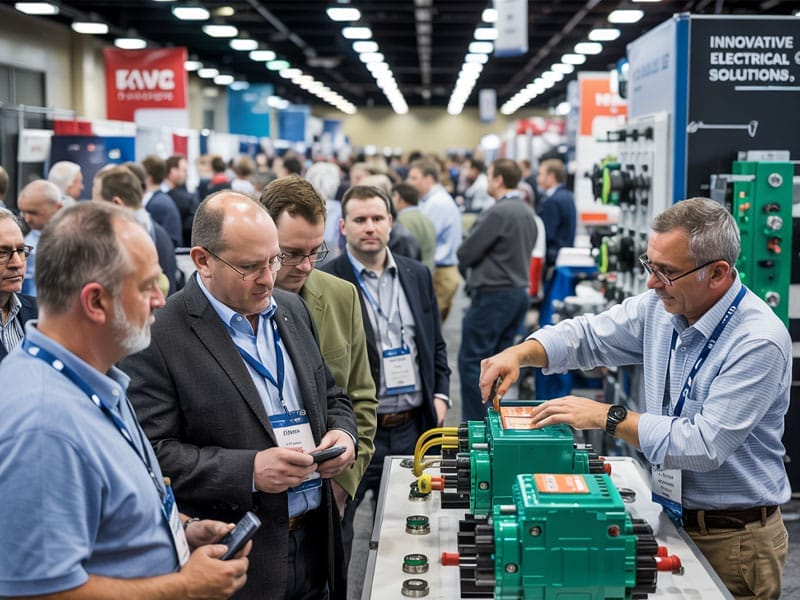 A man demonstrates electrical equipment to a group of attendees at a trade show, with various booths and people in the background.