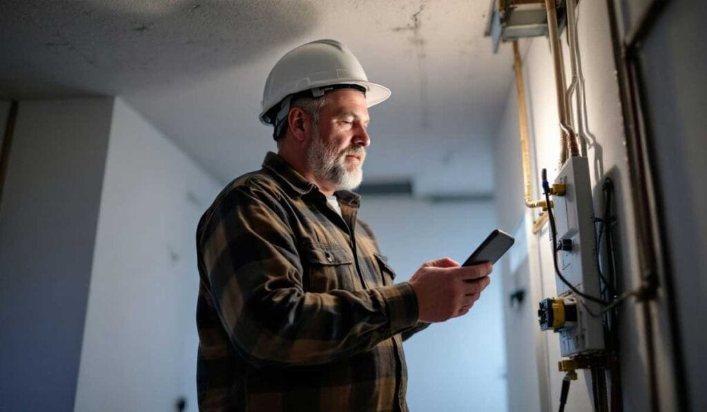 A man in a hard hat and plaid shirt inspects electrical equipment while using a smartphone in a utility room.