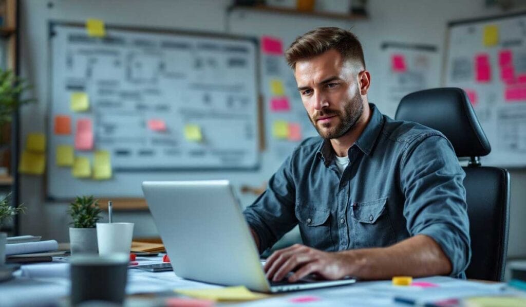 A man with short hair is focused on working at a laptop in an office filled with whiteboards and sticky notes. He is seated at a desk with various papers and a plant.