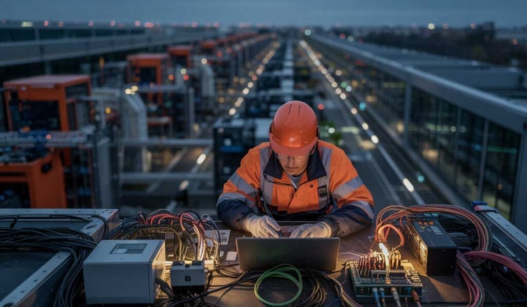 A person in a high-visibility jacket and hard hat works on a laptop surrounded by tools and cables on a rooftop, with an industrial area visible in the background.