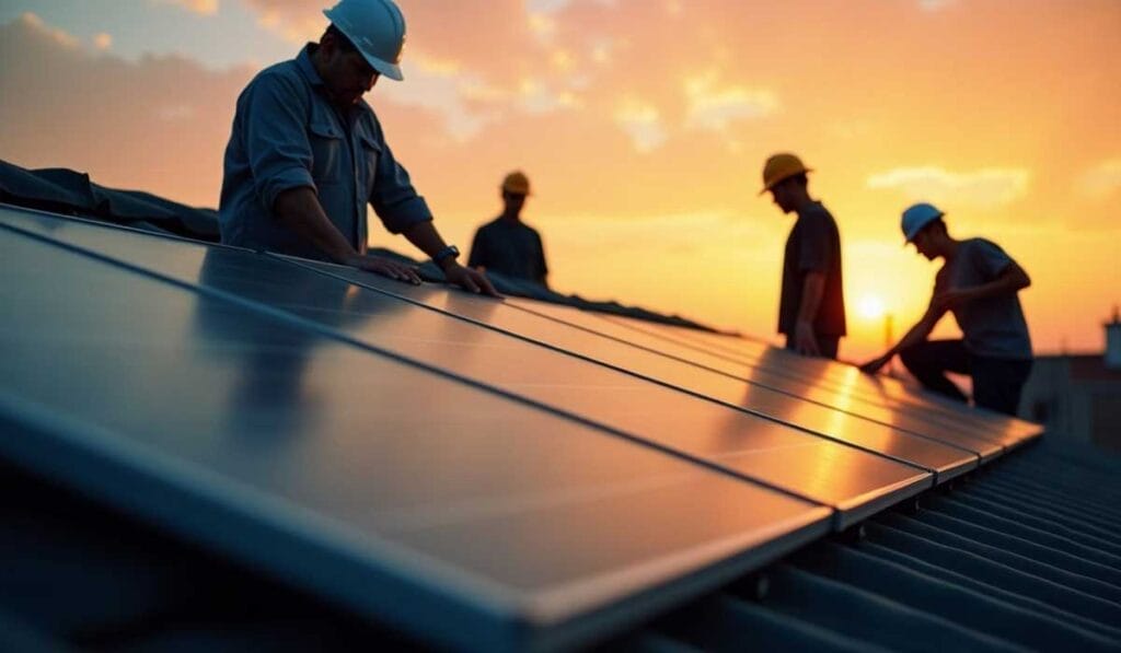 Workers install solar panels on a rooftop at sunset, wearing helmets and safety gear.