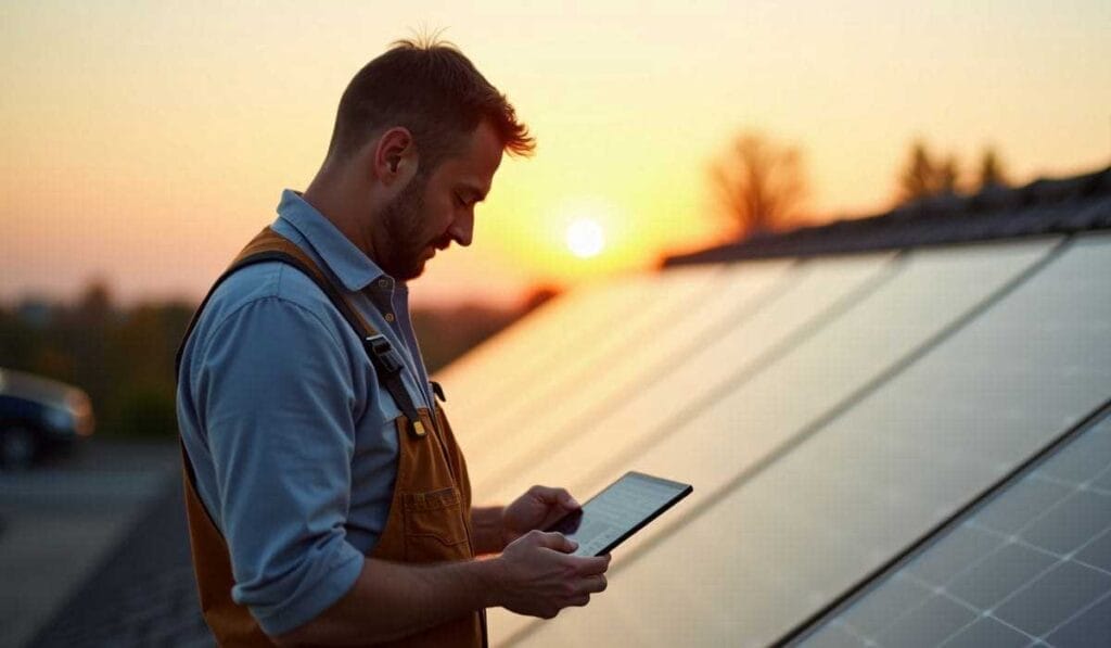 A man in work clothes uses a tablet while standing next to solar panels at sunset.