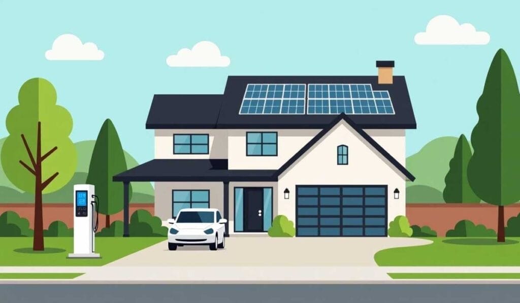 Modern house with solar panels and an electric car charging in the driveway.
