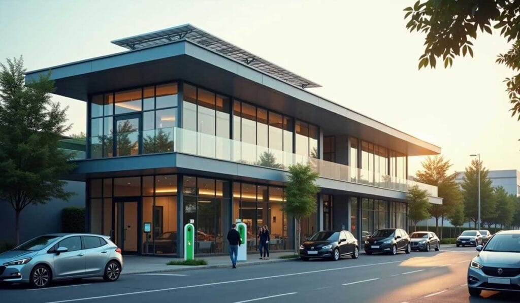 Modern two-story office building with large glass windows, surrounded by parked cars on the street. A person is walking nearby. Trees line the sidewalk.