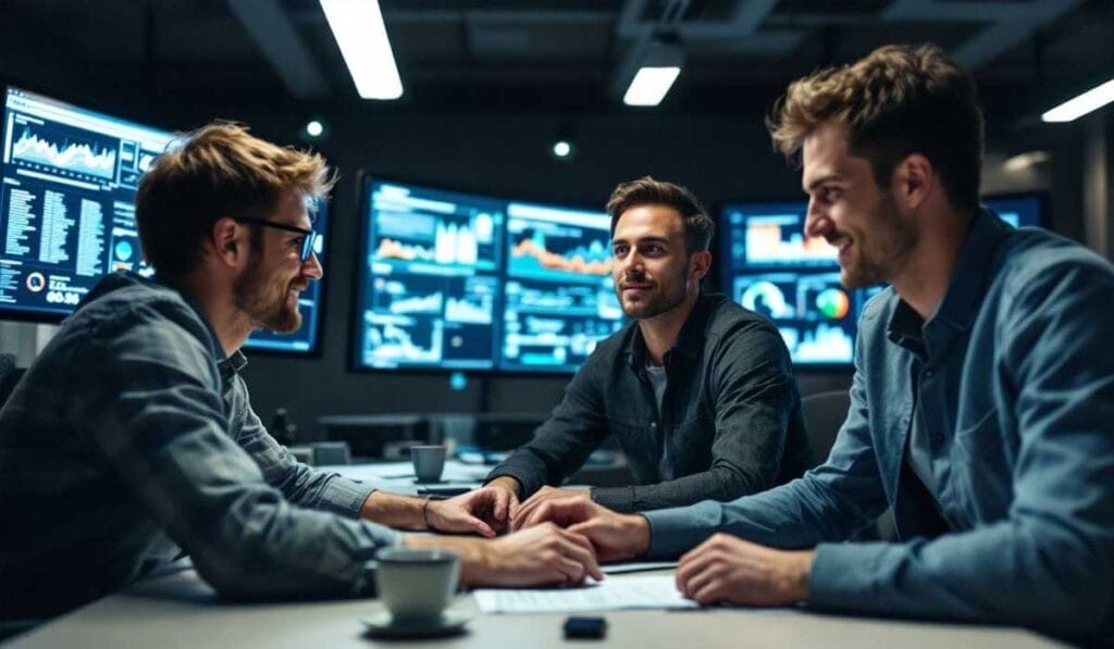 Three men sit at a table in an office, discussing work. Multiple screens display data and charts in the background. Cups and documents are on the table.