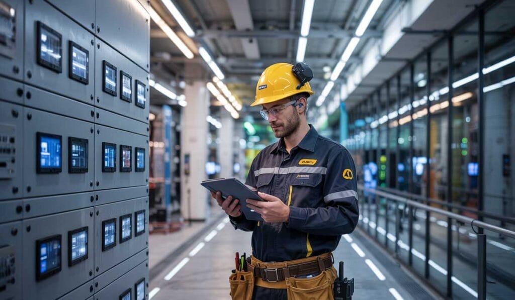 A worker in a hard hat and safety gear uses a tablet in an industrial setting, standing in front of control panels in a brightly lit facility.