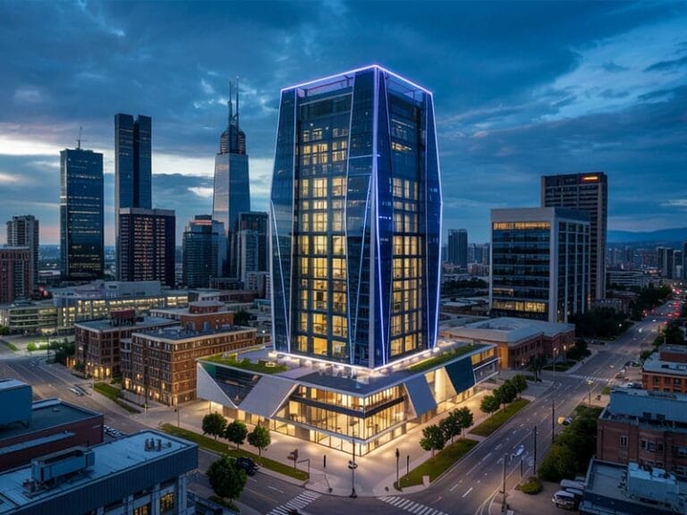 A modern, illuminated skyscraper with a unique design, surrounded by other buildings in a cityscape at dusk.