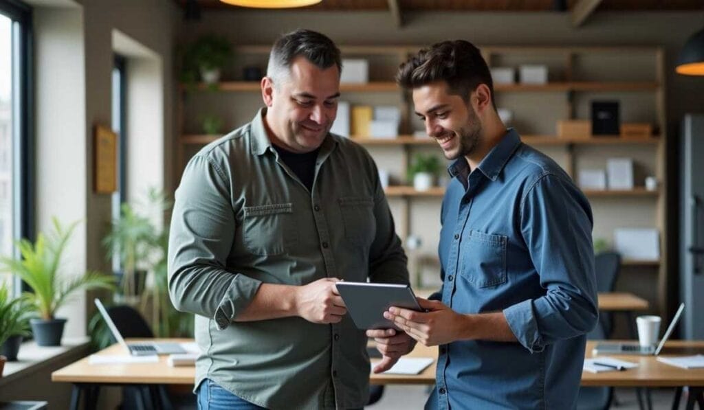 Two men in casual shirts smile while looking at a tablet in a modern office setting with plants and shelves in the background.