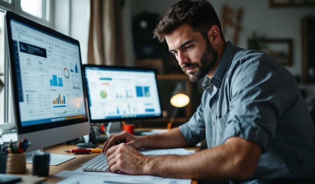 A man intently focuses on work, using two computer monitors displaying charts and data, in a well-lit office setting.