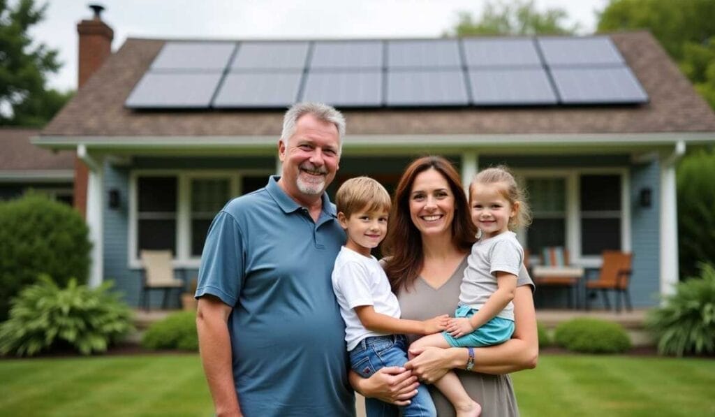 A smiling family of four stands in front of a house with solar panels on the roof. The house has a blue exterior and a well-maintained garden.