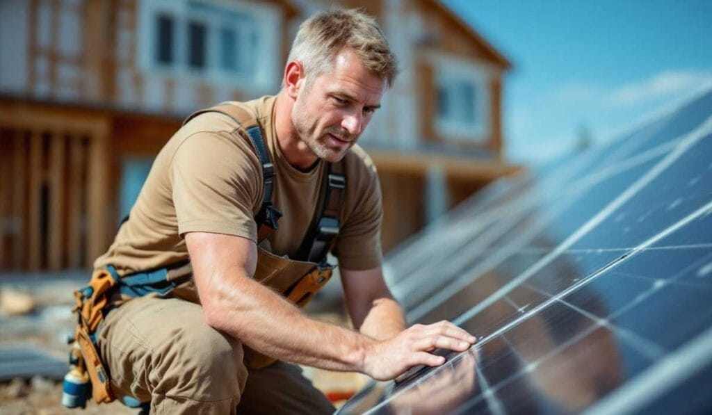 Man in work attire inspects a solar panel outdoors, with unfinished wooden houses in the background.
