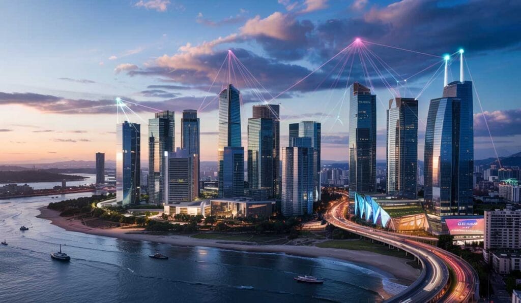 A futuristic skyline with tall skyscrapers interconnected by glowing lines, situated by a river at sunset.