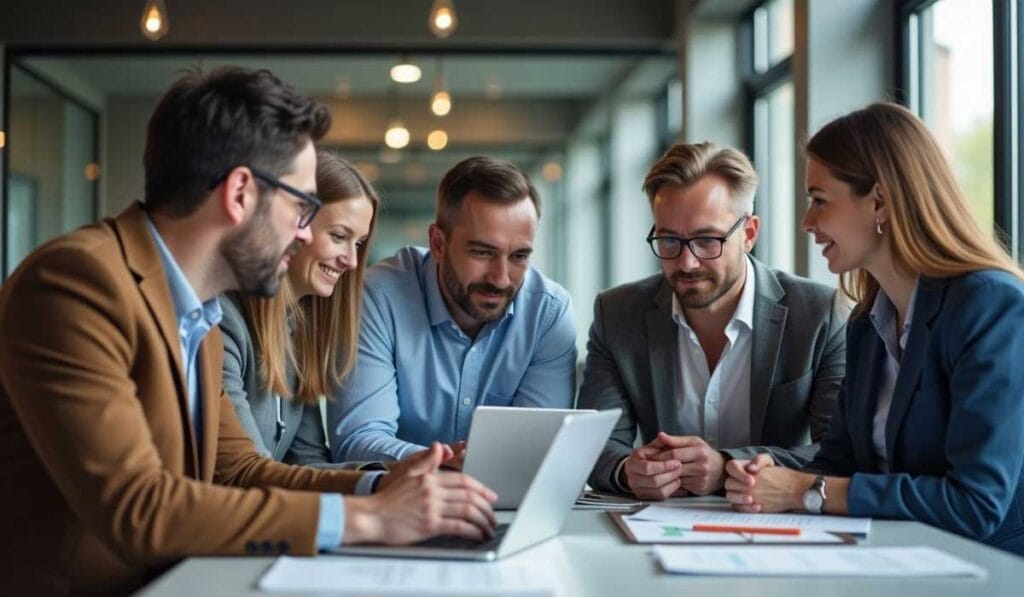 Five professionals in formal attire gather around a laptop in a well-lit office, engaged in a discussion. Papers and pens are on the table.