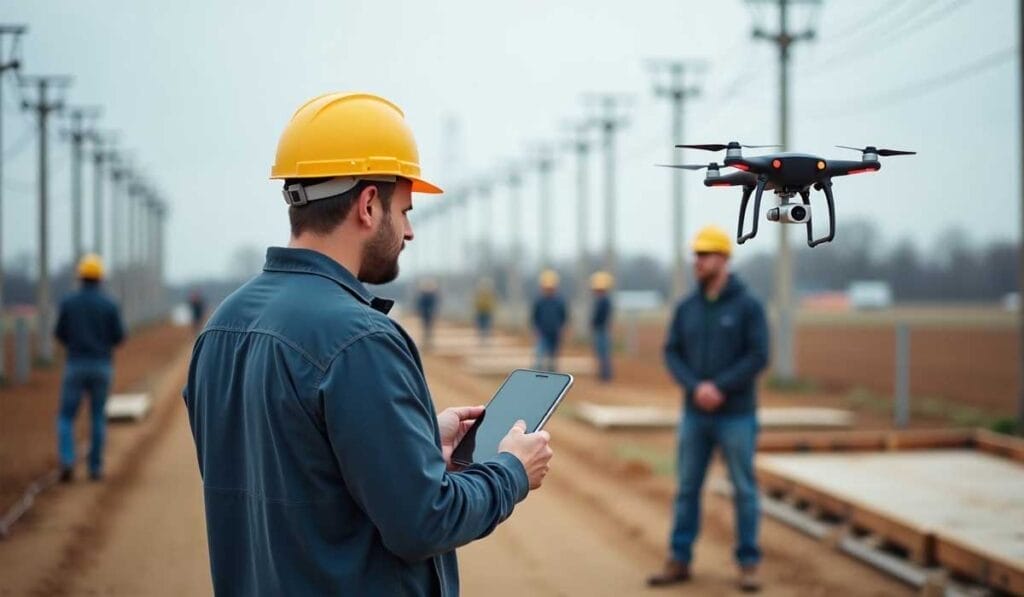 A construction worker wearing a yellow hard hat operates a tablet to control a drone on a worksite, with other workers in the background.