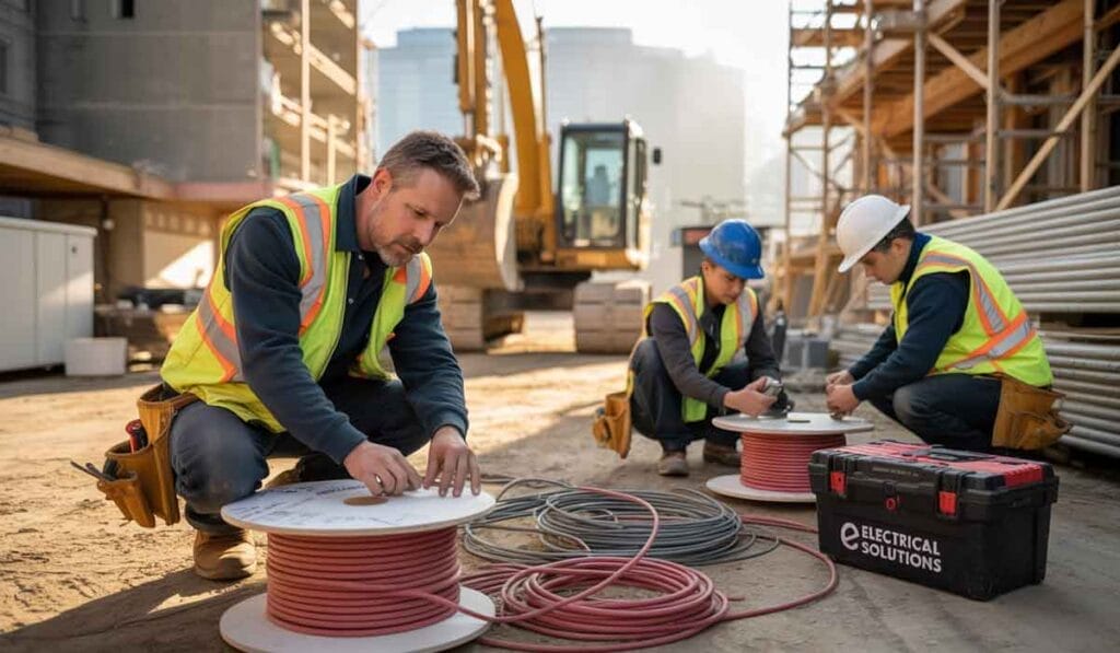 Three construction workers in safety gear handle large spools of electrical wire at an outdoor building site, with tools and equipment visible around them.