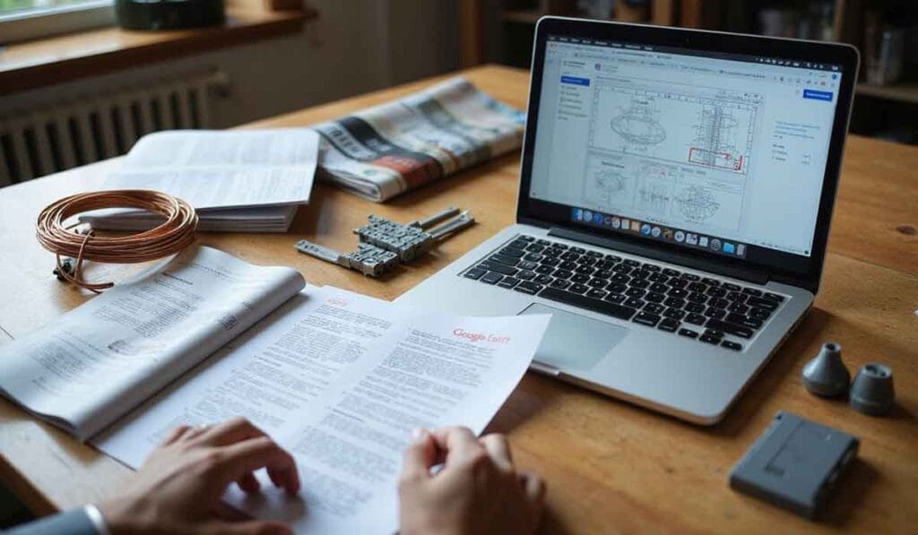 Person reading technical documents at a desk with electronic components, a laptop displaying engineering diagrams, and an open textbook.
