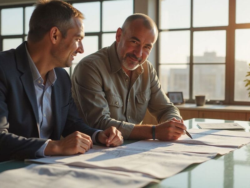 Two men sit at a table with documents and blueprints, engaged in discussion in a sunlit office with large windows.