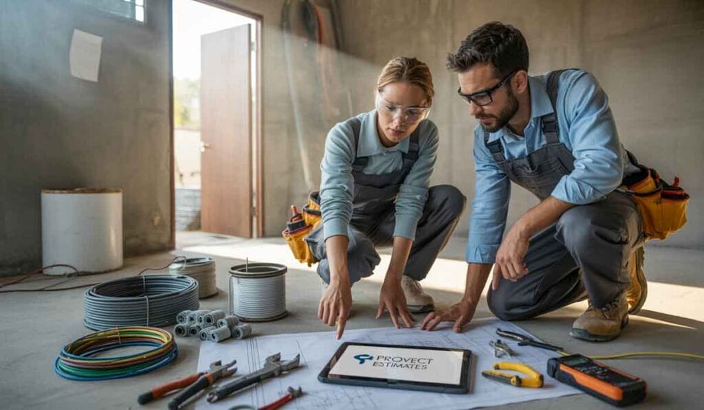Two construction workers review blueprints and a tablet labeled "Project Estimates" on the floor, surrounded by tools, wires, and construction materials in an unfinished room.