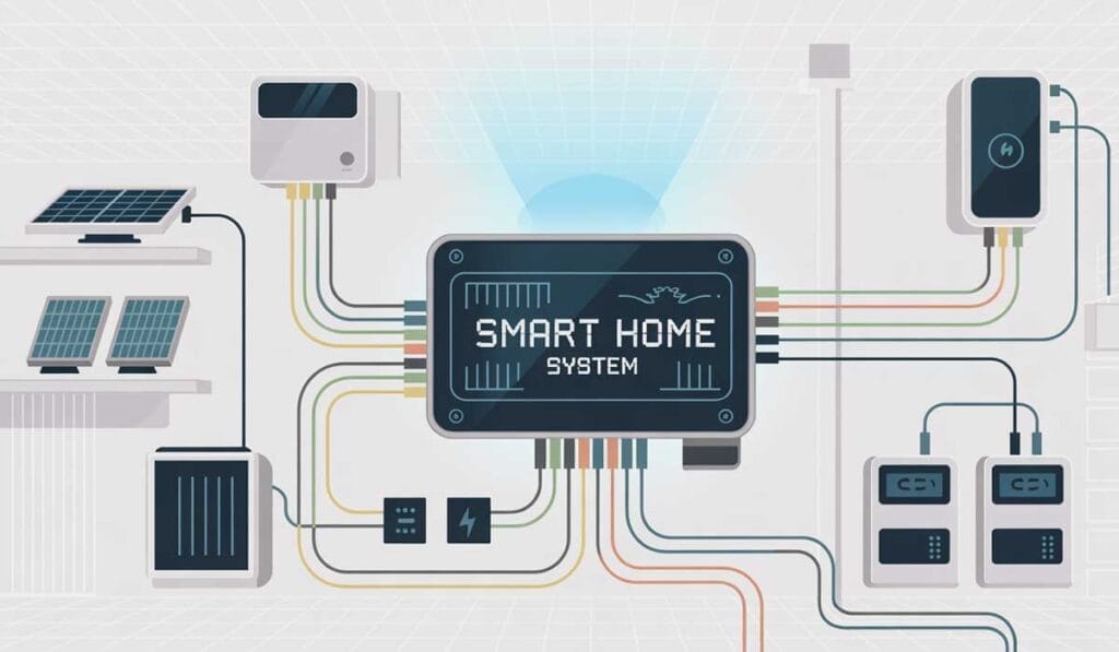 Diagram of a smart home system hub connected to various devices, including solar panels, batteries, sensors, and control units, with labeled wiring.