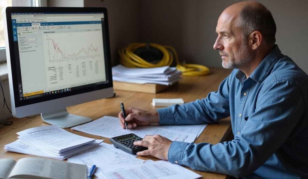 A man sits at a desk using a calculator and looking at financial graphs on a computer screen, surrounded by paperwork and documents.