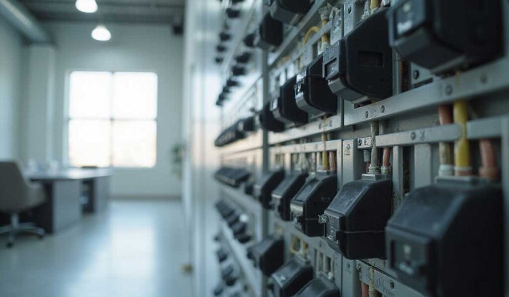 Rows of electrical circuit breakers mounted on a metal panel in a utility room; an office area with a desk and window is visible in the background.