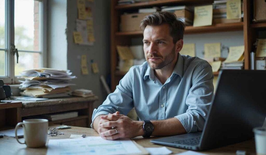 A man sits at a cluttered desk with paperwork, a laptop, and a coffee mug, in an office with shelves and sticky notes on the wall.