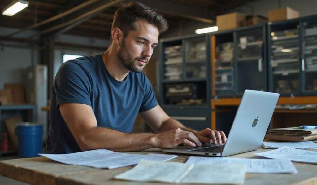 A man in a casual t-shirt works on a laptop at a wooden table covered with papers in a workshop or industrial setting.