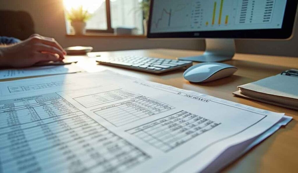 A desk with financial documents, a computer monitor displaying graphs and charts, a keyboard, and a notebook, suggesting analysis or office work.