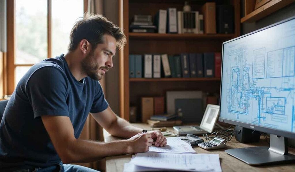 A man sits at a desk reviewing papers and working on engineering diagrams displayed on a large computer monitor in a home office.