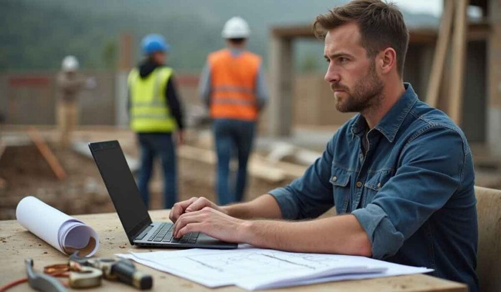 Man working on a laptop at a construction site, with building plans and tools on the table; workers in safety gear are visible in the background.
