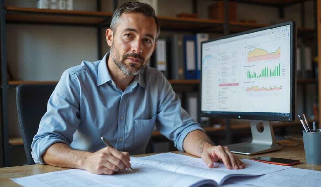 Man in a blue shirt sits at a desk working with documents, while financial charts are displayed on a computer monitor in the background.