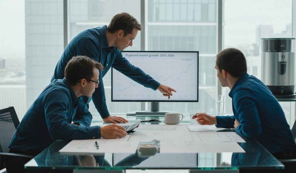 Three men in business attire discuss a graph on a monitor showing projected market growth, with paperwork and coffee cups on the table in a modern office.