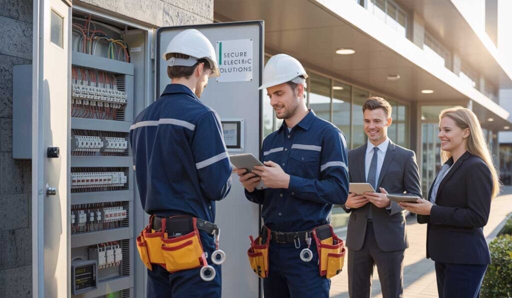 Two electricians in uniforms and helmets work on an electrical panel outdoors while two business professionals observe and take notes on tablets.