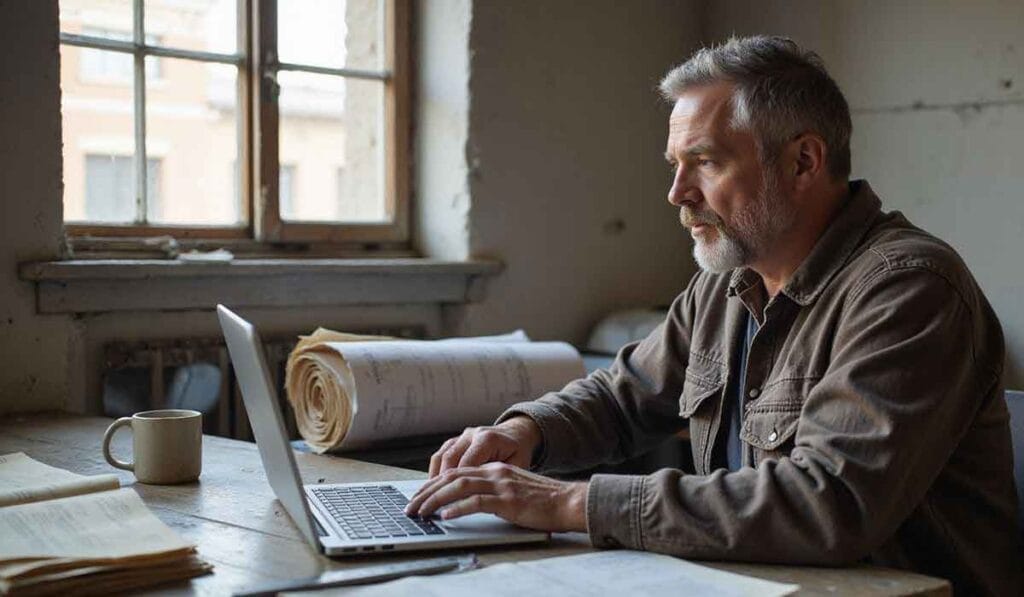 A man with gray hair and a beard sits at a desk near a window, typing on a laptop, with papers, rolled documents, and a mug on the table.