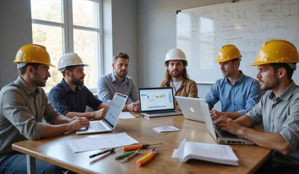 Six men, some wearing yellow hard hats, sit around a table with laptops, papers, and tools, discussing work in a bright meeting room with a whiteboard in the background.