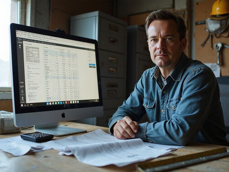 A man in a denim shirt sits at a desk with papers and a calculator, next to a computer displaying a spreadsheet in an office setting.