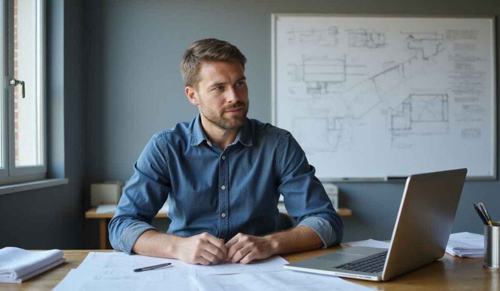 A man in a denim shirt sits at a desk with papers and a laptop, in front of a whiteboard with technical drawings in a well-lit office.