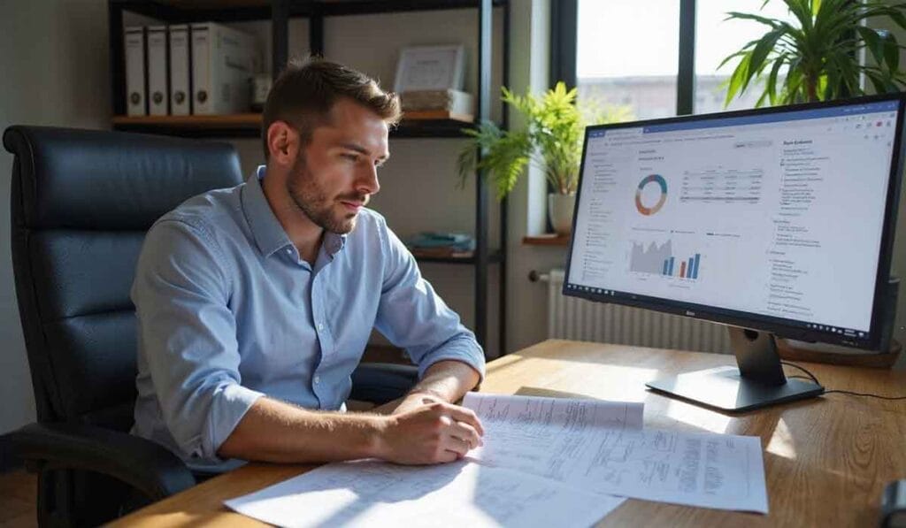 A man sits at a desk reviewing printed documents while viewing charts and graphs on a large computer monitor in a bright office.