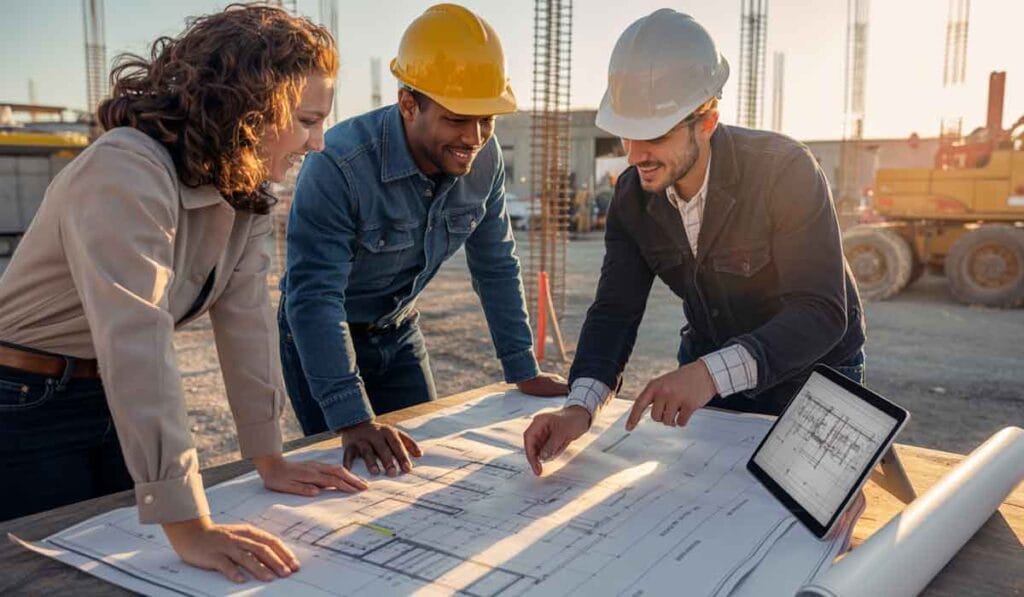 Three people wearing safety helmets and casual clothing review blueprints and plans on a table at a construction site, with machinery and building columns in the background.