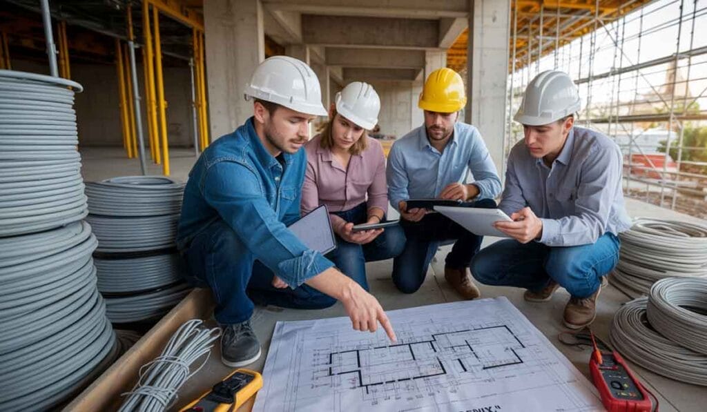 Four construction workers wearing safety helmets review a set of blueprints on the floor at a building site, surrounded by cables and construction materials.