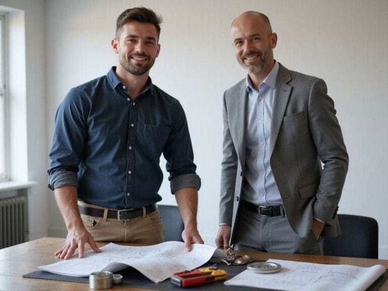 Two men stand at a table reviewing architectural plans; one wears a blue shirt and khaki pants, the other is in a grey suit. Office setting with documents and tools on the table.
