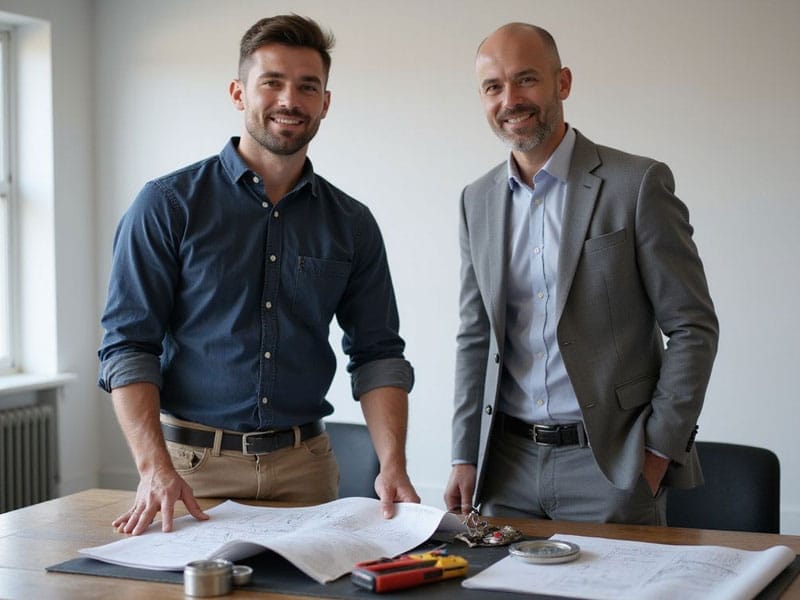Two men stand at a table reviewing architectural plans; one wears a blue shirt and khaki pants, the other is in a grey suit. Office setting with documents and tools on the table.