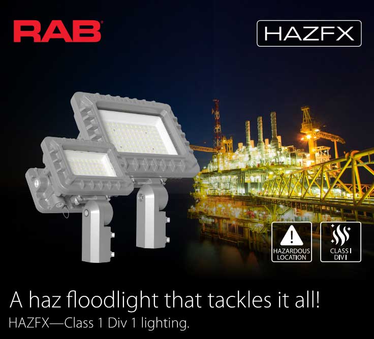 Two industrial floodlights are shown in front of a brightly lit offshore oil platform at night, with text highlighting HAZFX floodlight for hazardous locations, Class 1 Div 1 lighting.